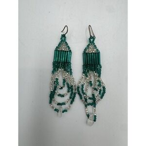 Green Glass Beaded Teardrop Dangle Drop Hook Earrings Silver Tone